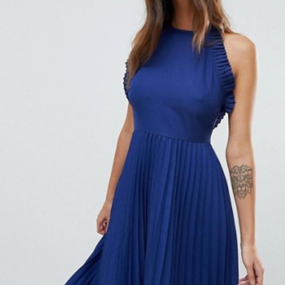 asos pleated midi dress with ruffle open back